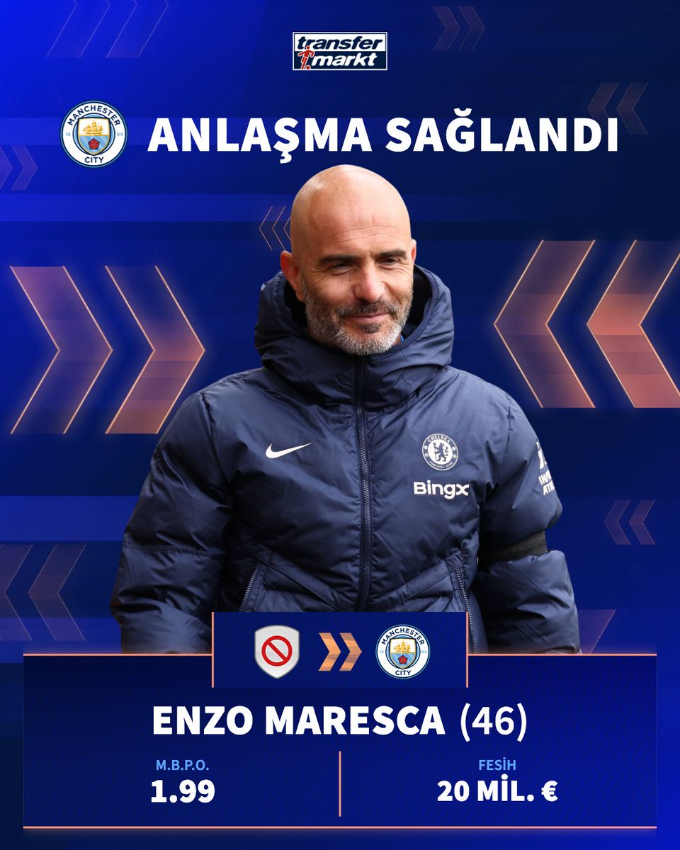👔 Manchester City, Enzo Maresca'nın sözleşmesinin feshi için Chelsea'ye 20 milyon € ödeyecek!