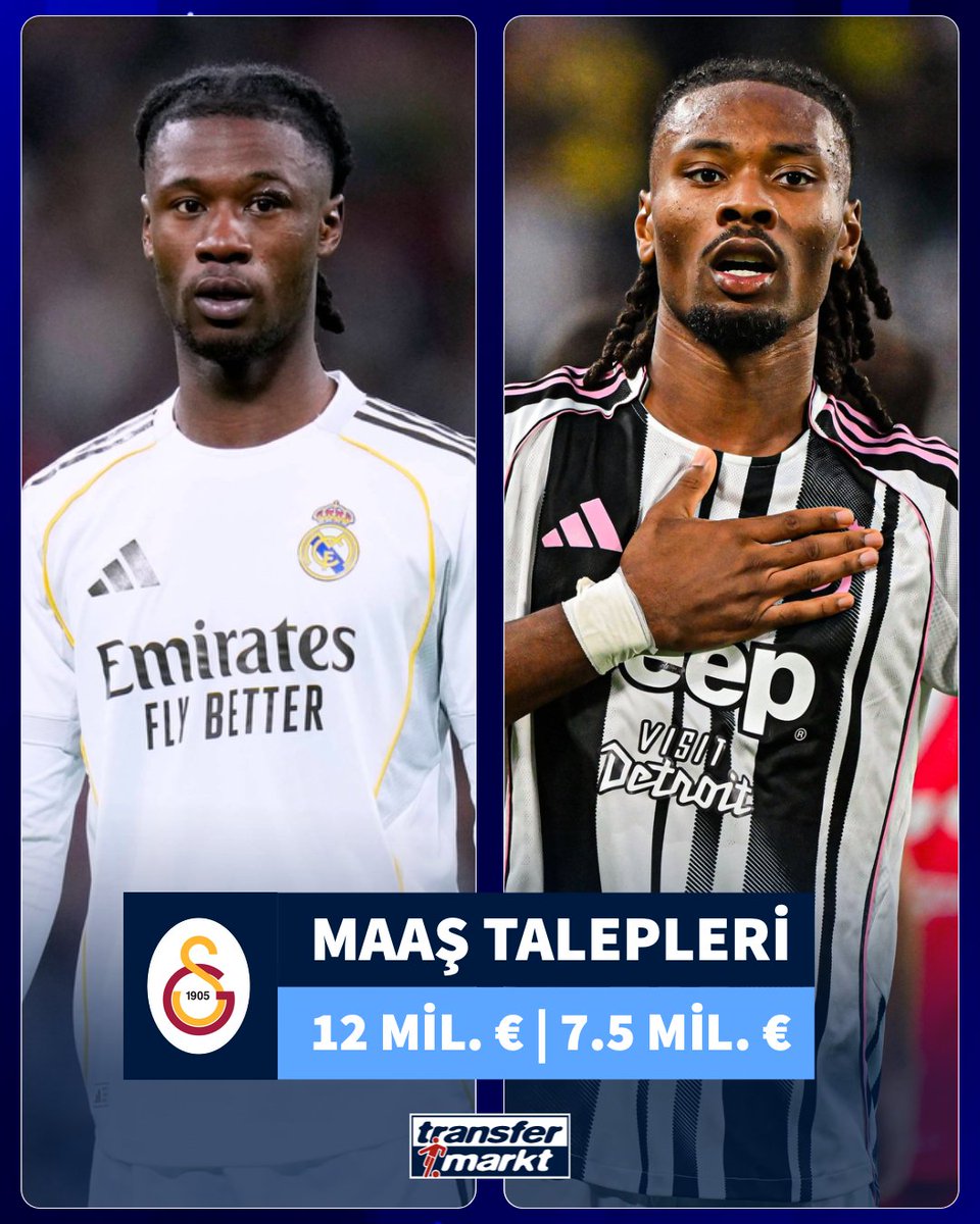 🚨 Galatasaray’ın ilgilendiği orta saha oyuncularından Eduardo Camavinga yıllık 12 milyon €, Khephren Thuram ise yıllık 7.5 milyon € maaş tal
