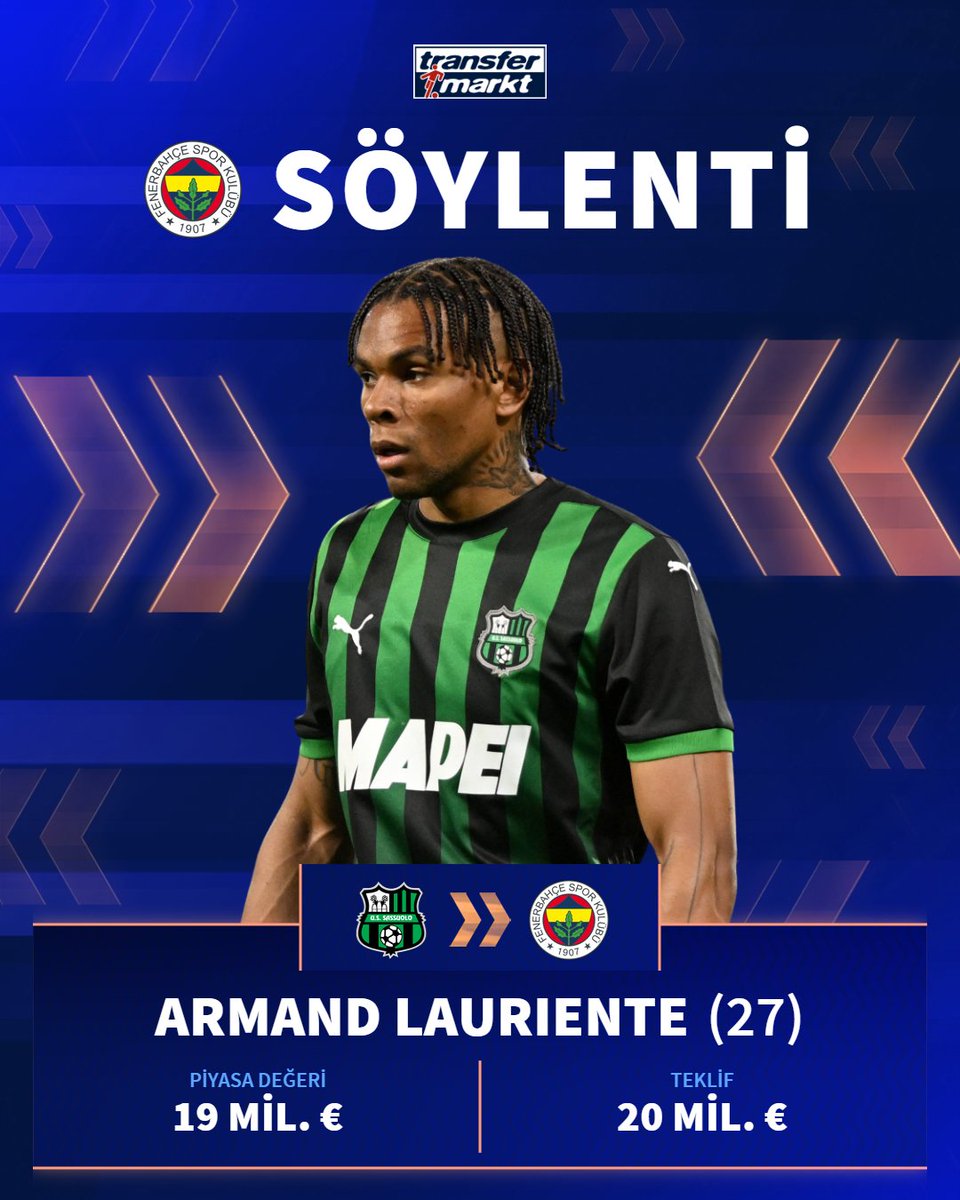 🟡🔵 Fenerbahçe, Armand Lauriente için Sassuolo'ya yaklaşık 20 mil. € değerinde bir teklif sundu.