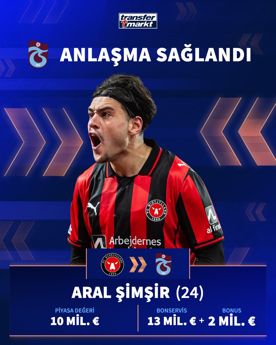 🤝 Trabzonspor ve Midtjylland, Aral Şimşir transferi için 13+2 milyon € karşılığında anlaşma sağladı!