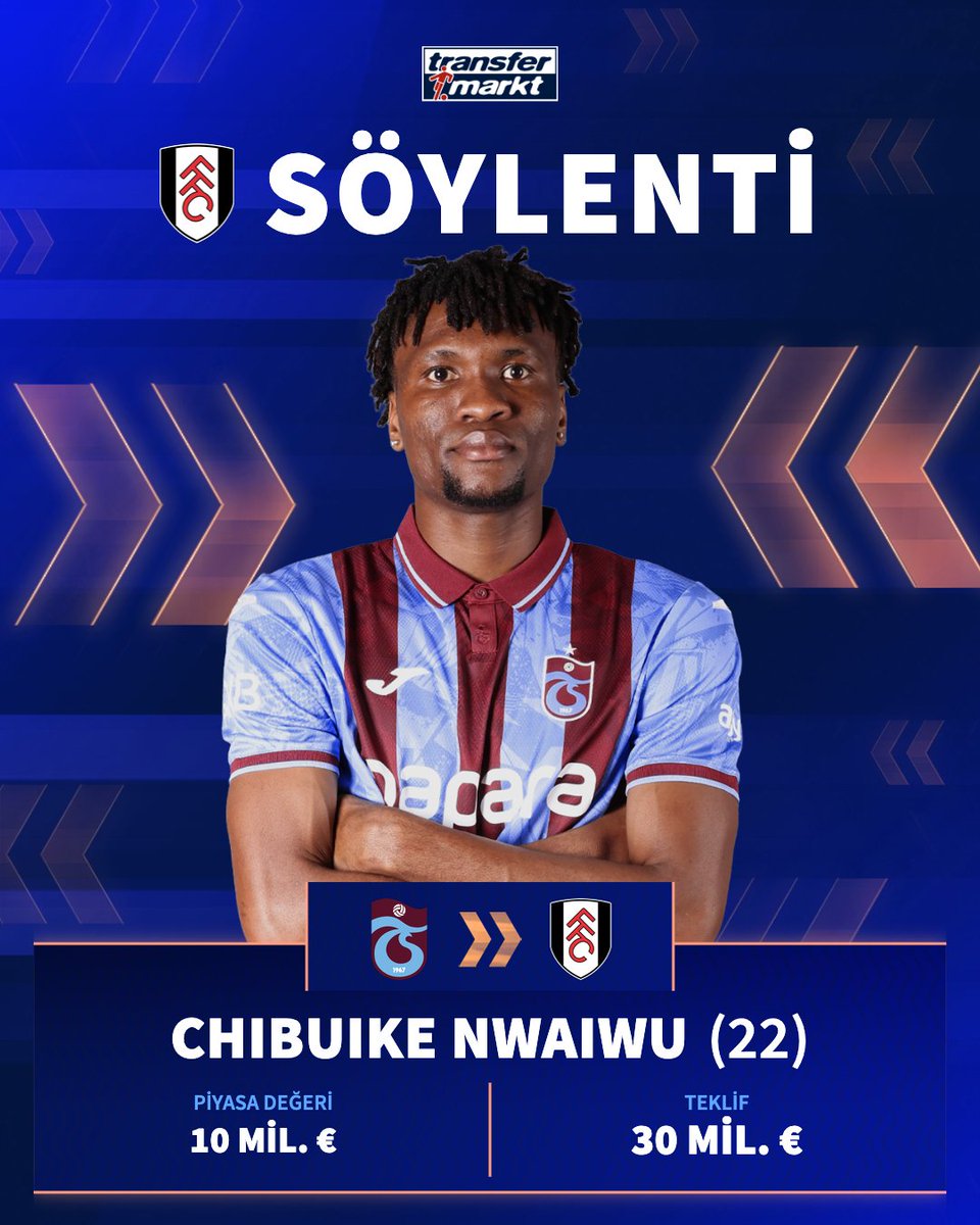 🤑 Fulham, Chibuike Nwaiwu için Trabzonspor'a 30 milyon € seviyesinde yeni bir teklif yaptı!