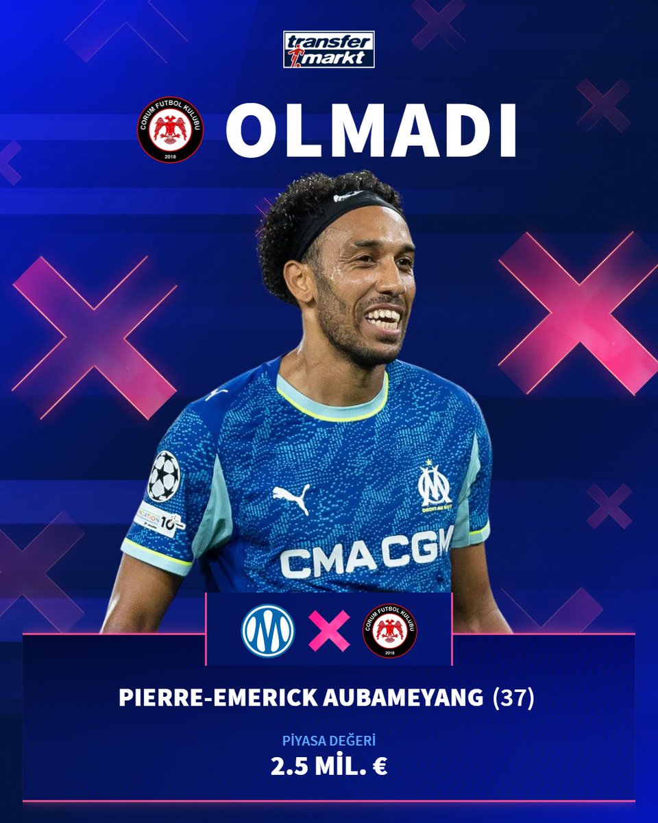 ❌ Çorum FK’nin Pierre-Emerick Aubameyang’a sunduğu yıllık 3,5 milyon euroluk teklifi kabul edilmedi.